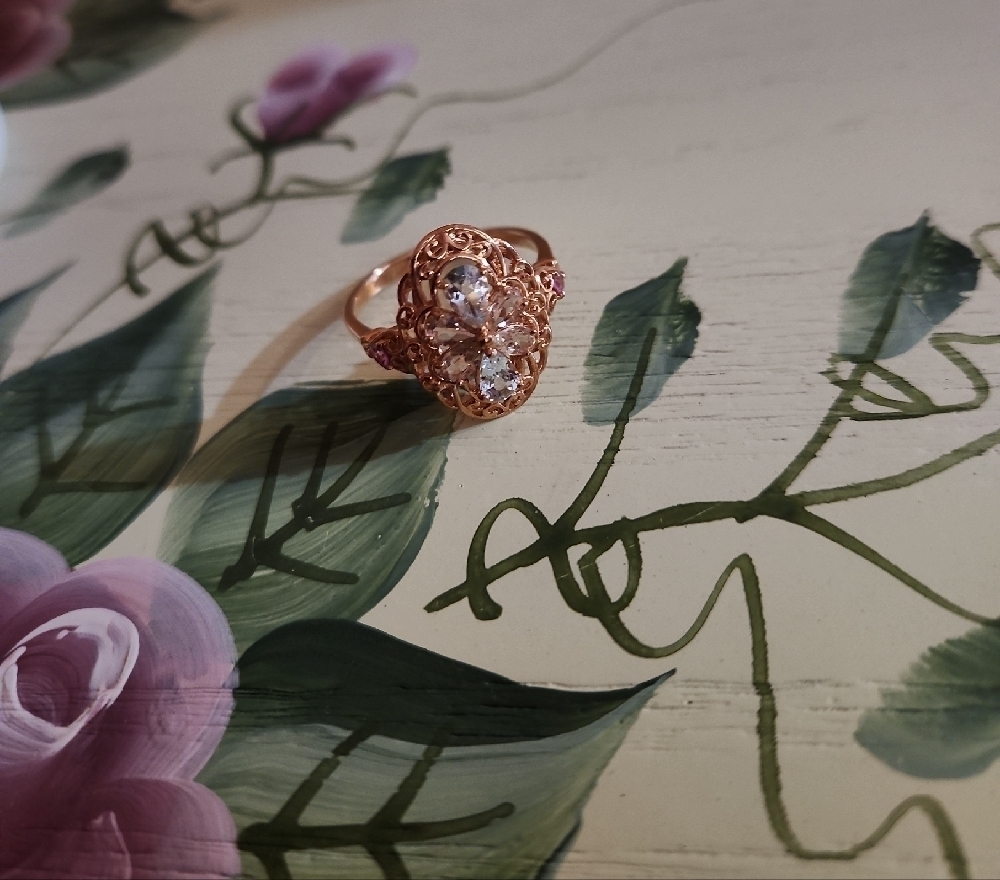 JTV Morganite Aquamarine Pink Sapphire Ring 18K Rose Gold Size 11